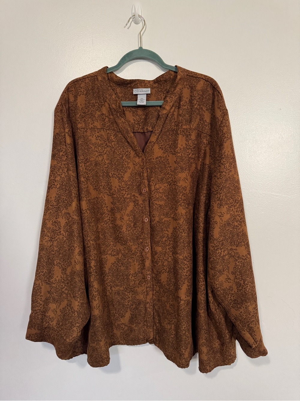 Catherines Rust Brown Printed Button-Front Blouse, Size 5X